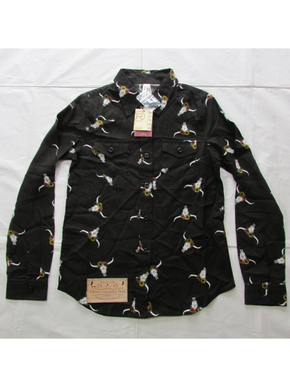 Roper Girl's Long Sleeve Floral Steer Skull Print Button Shirt Black